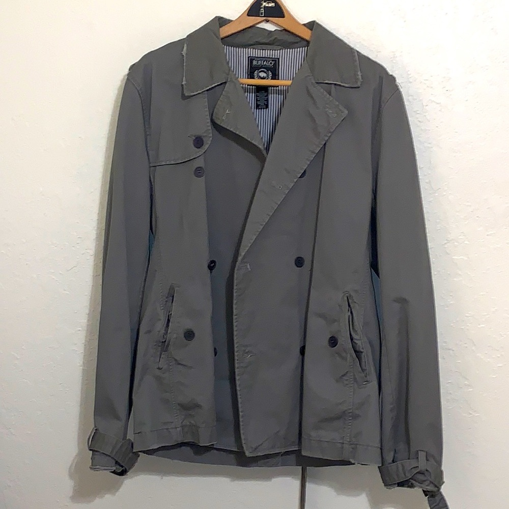 Buffalo David Bitton Twill Trench Coat Gray Belted Jacket 100% Cotton Size L